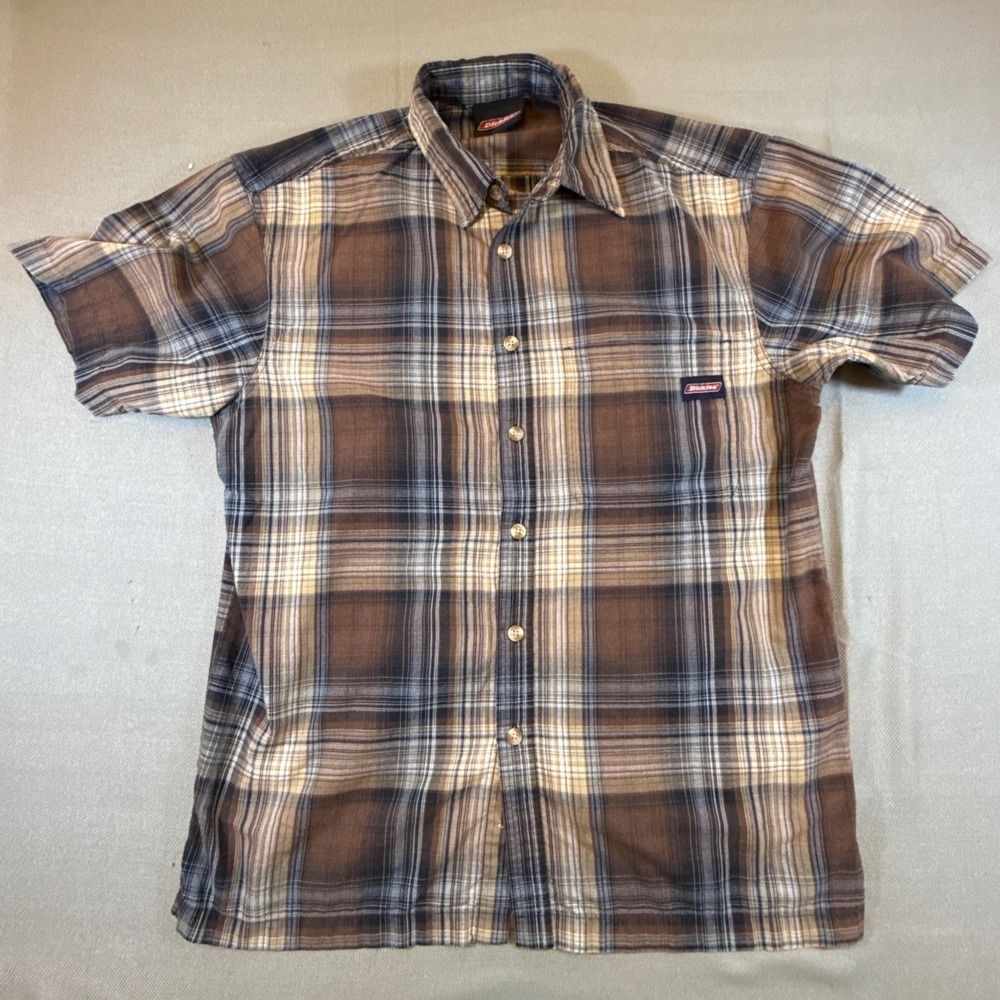 Dickies Mens Plaid Short Sleeve Button Down Shirt Brown Blue 3435-4858M 2303